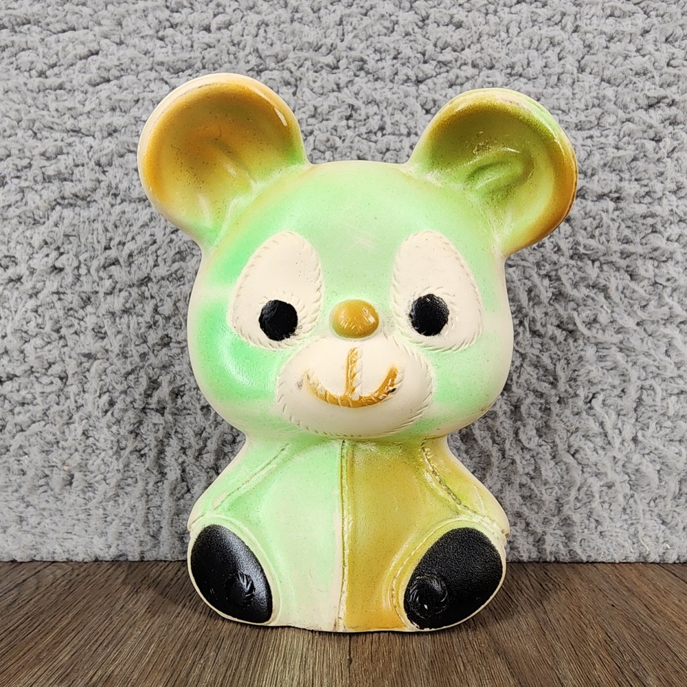 Vintage 1971 Electro Plastics Bear Figure Squeaky Toy Green Yellow Kitsch 5.5"